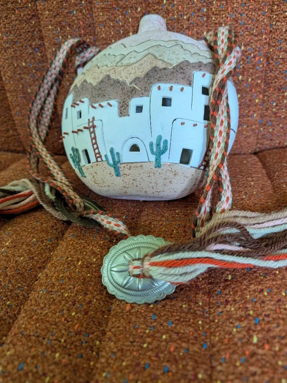 Southwestern Native American Pottery Canteen with Village
